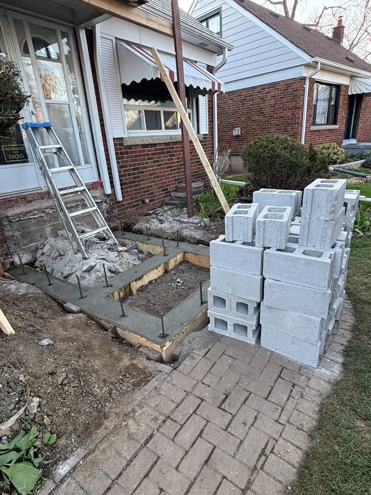 Concrete block materials staged on site