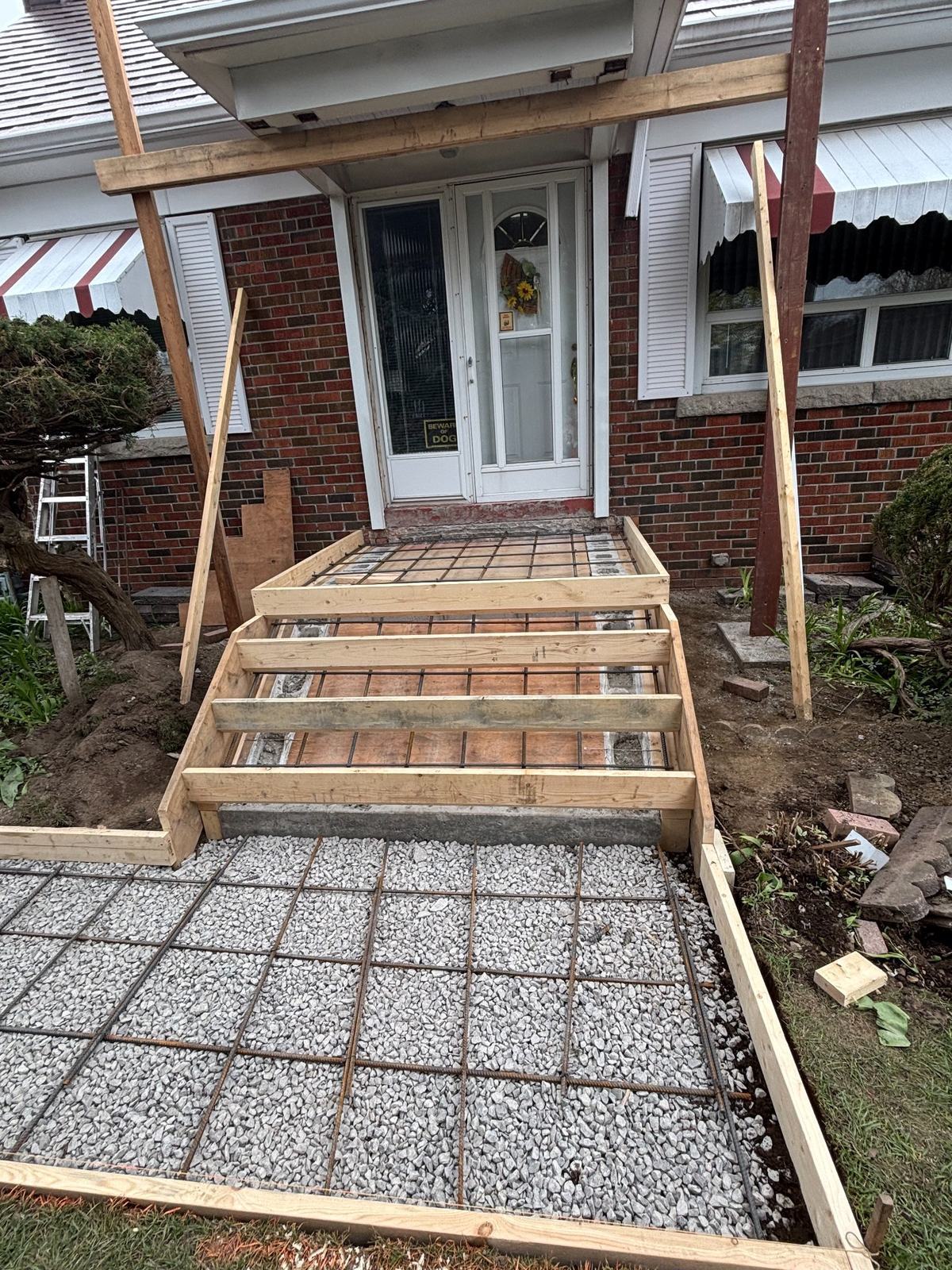 Walkway rebar grid and stair formwork preparation